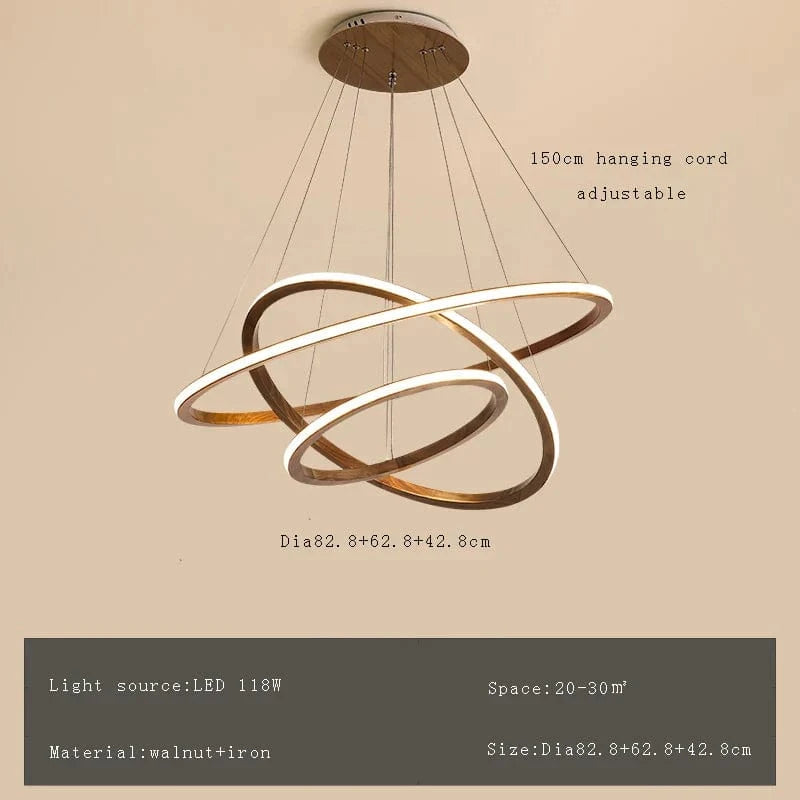 Lustre moderne en bois avec LED et anneau en noyer retro | Marco Lucetti 82 62 42cm / Lumière naturelle