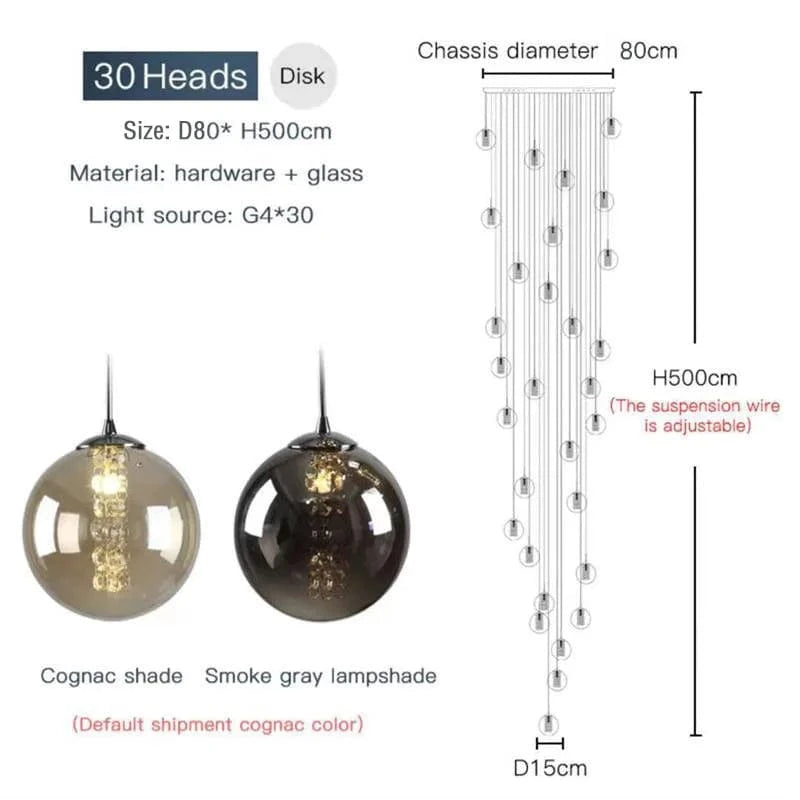 Lustre moderne en boule de verre en spirale G4 pour déco nordique de luxe | Marco Lucetti 30 têtes / Verre fumé / Blanc froid