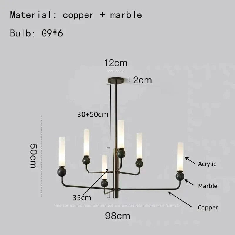 Lustre Moderne en Laiton avec Boule de Marbre Acrylique | Marco Lucetti A-6 lumières-noir / Blanc chaud
