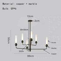 Lustre Moderne en Laiton avec Boule de Marbre Acrylique | Marco Lucetti A-6 lumières-noir / Blanc chaud