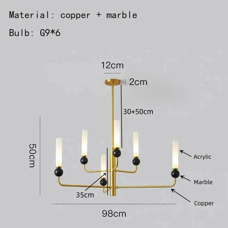 Lustre Moderne en Laiton avec Boule de Marbre Acrylique | Marco Lucetti A-6 lumières-or / Lumière naturelle