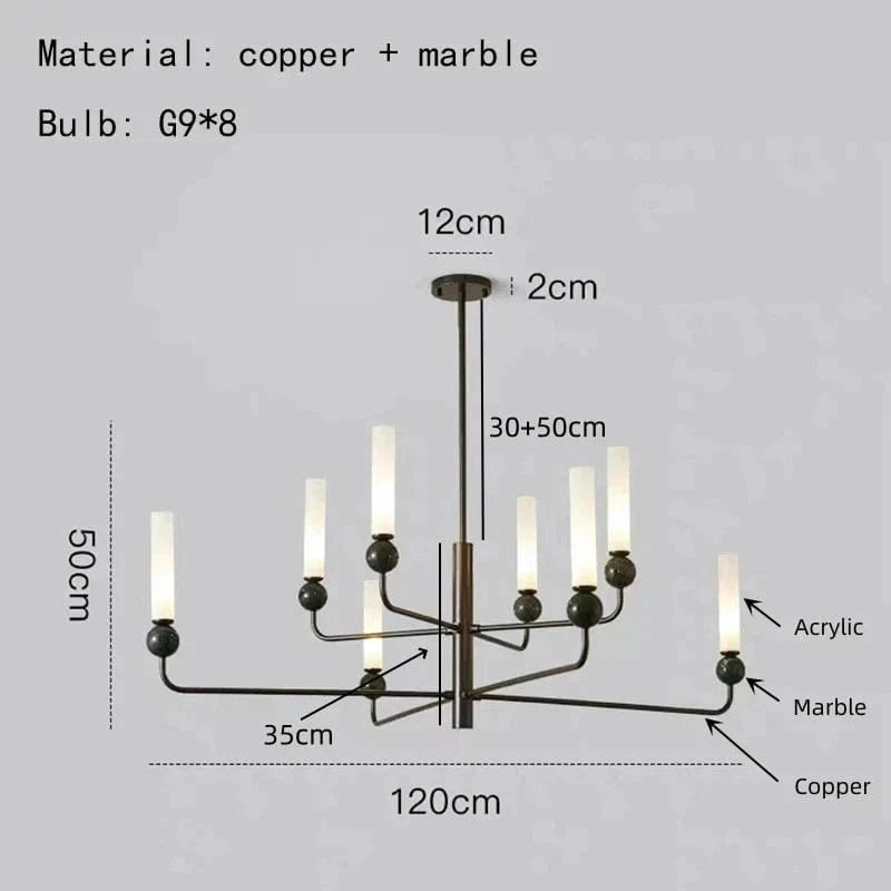 Lustre Moderne en Laiton avec Boule de Marbre Acrylique | Marco Lucetti A-8 lumières-noir / Lumière naturelle