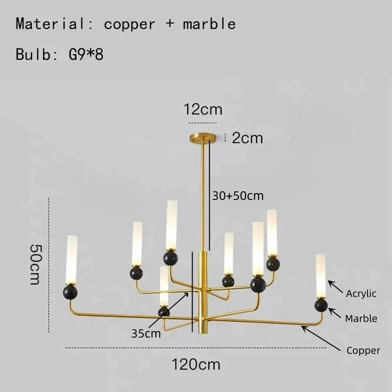 Lustre Moderne en Laiton avec Boule de Marbre Acrylique | Marco Lucetti A-8 lumières-or / Lumière naturelle