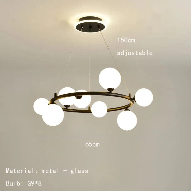 Lustre Moderne en Verre avec Anneau Mat et Fil Réglable - Élégance Contemporaine | Marco Lucetti 8 lumières-noir / Boule de verre blanche / Lumière chaude