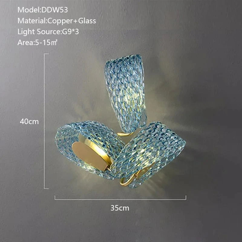 Lustre moderne en verre design "Feuille de Paon" LED suspendu | Marco Lucetti 35cm H40cm-3têtes / Lumière 3 couleurs