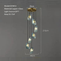 Lustre moderne en verre design "Feuille de Paon" LED suspendu | Marco Lucetti 44cm H210cm-7têtes / Lumière froide