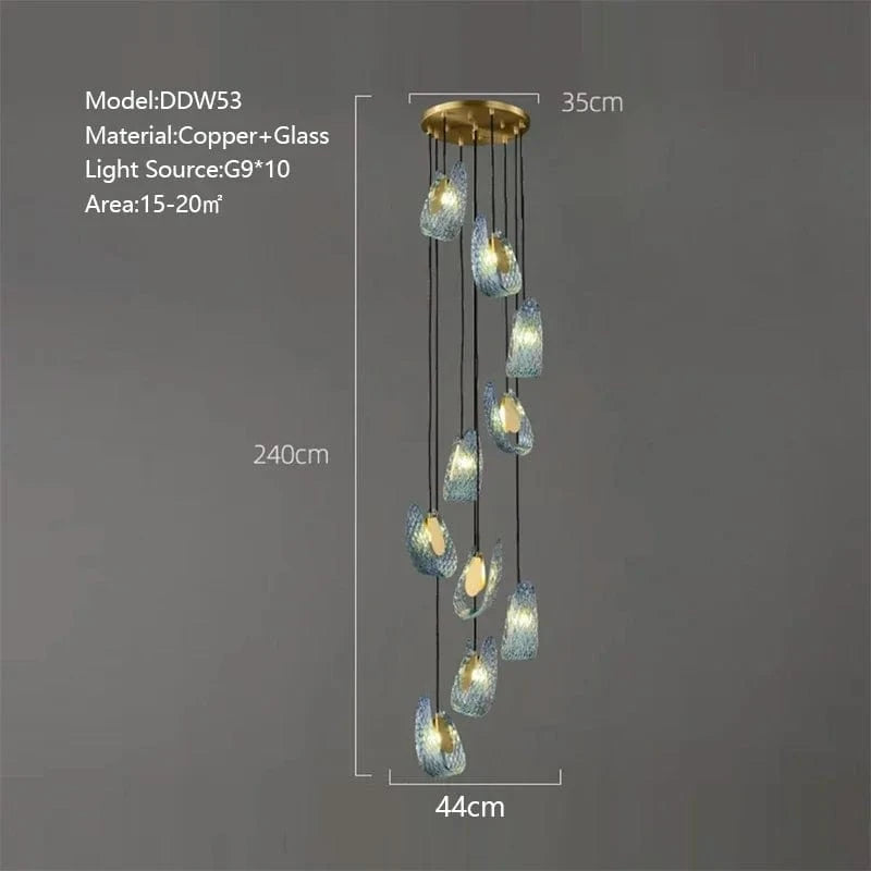 Lustre moderne en verre design "Feuille de Paon" LED suspendu | Marco Lucetti 44cm H240cm-10têtes / Lumière 3 couleurs