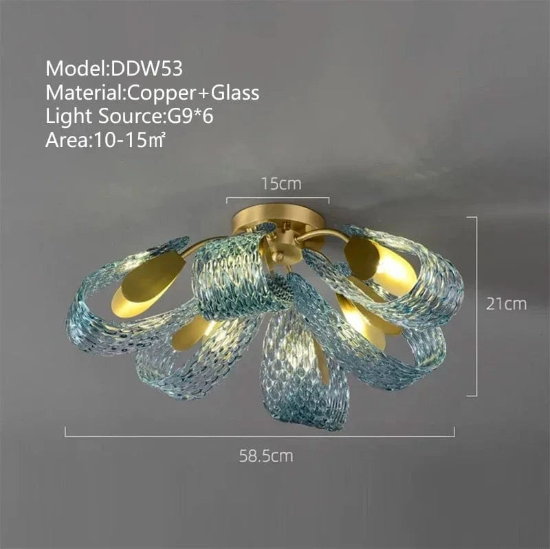 Lustre moderne en verre design "Feuille de Paon" LED suspendu | Marco Lucetti 58,5cm H21cm-6têtes / Lumière 3 couleurs