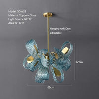 Lustre moderne en verre design "Feuille de Paon" LED suspendu | Marco Lucetti 68cm H32cm-12têtes / Lumière 3 couleurs