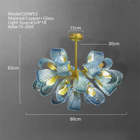 Lustre moderne en verre design "Feuille de Paon" LED suspendu | Marco Lucetti 80cm H63cm-18têtes / Lumière 3 couleurs