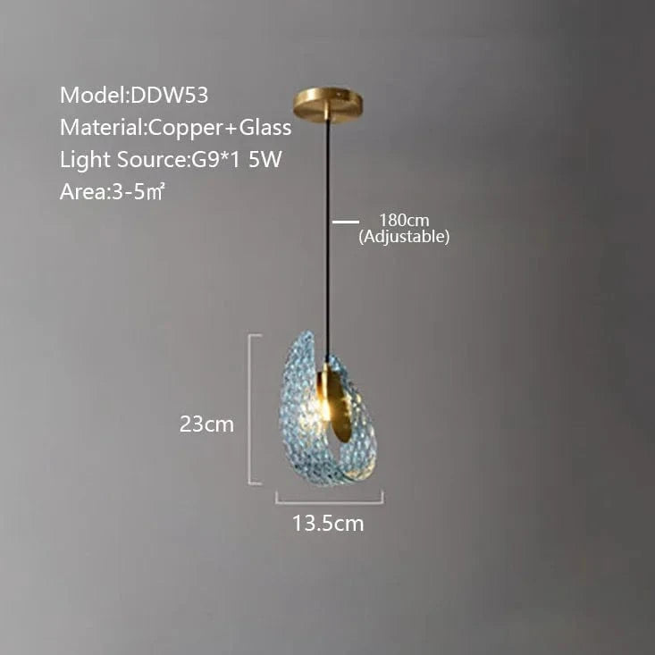 Lustre moderne en verre design "Feuille de Paon" LED suspendu | Marco Lucetti A 13,5cm H23cm-1 / Lumière froide