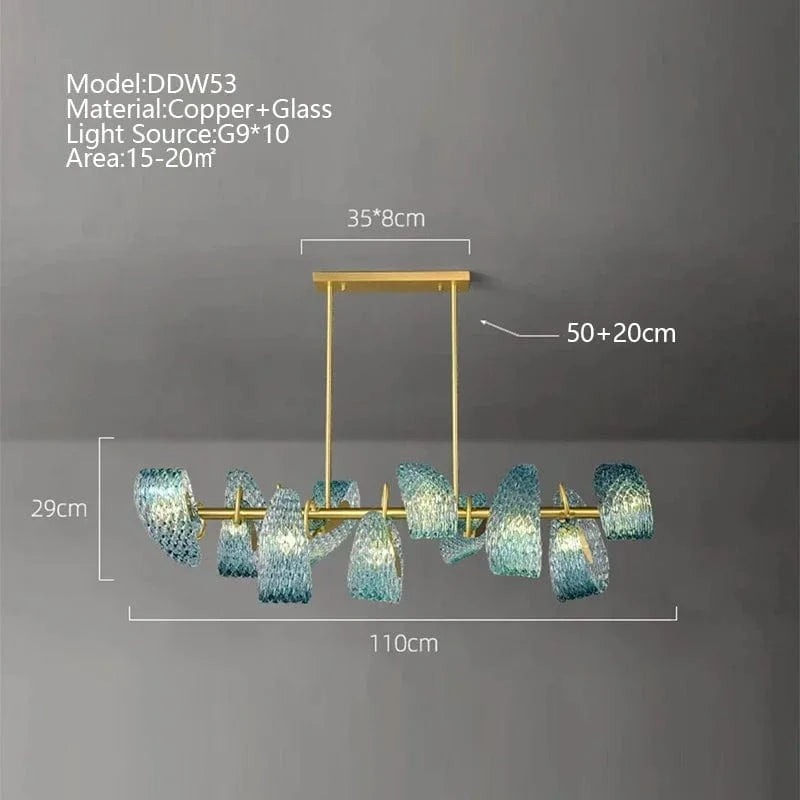 Lustre moderne en verre design "Feuille de Paon" LED suspendu | Marco Lucetti L110cm H29cm-10têtes / Lumière 3 couleurs