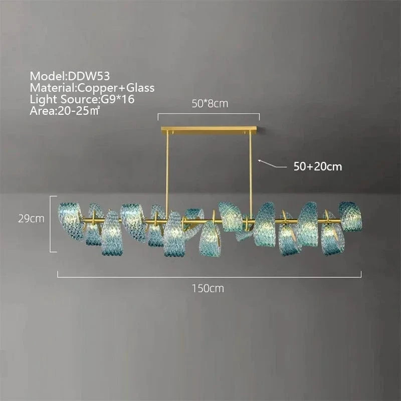 Lustre moderne en verre design "Feuille de Paon" LED suspendu | Marco Lucetti L150cm H29cm-16têtes / Lumière 3 couleurs