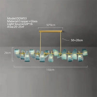 Lustre moderne en verre design "Feuille de Paon" LED suspendu | Marco Lucetti L150cm H29cm-16têtes / Lumière 3 couleurs