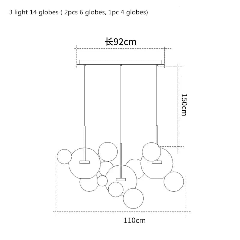 Lustre moderne en verre laiteux avec LED suspendue. | Marco Lucetti 14 globes droits