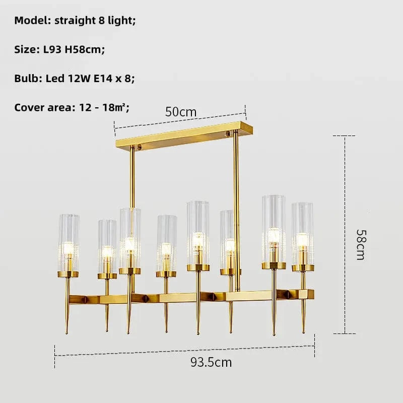 Lustre Noble en Métal Or et Verre LED | Marco Lucetti Ligne lumineuse dorée à 8 lumières / Lumière blanche 6500K