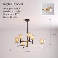 Lustre Noir Moderne avec Éclairage LED | Marco Lucetti 6 têtes verre ambré / Blanc chaud