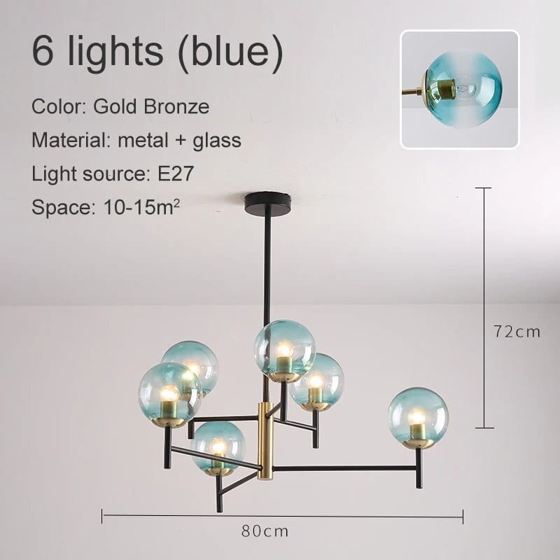 Lustre Noir Moderne avec Éclairage LED | Marco Lucetti 6 têtes verre bleu / Blanc chaud