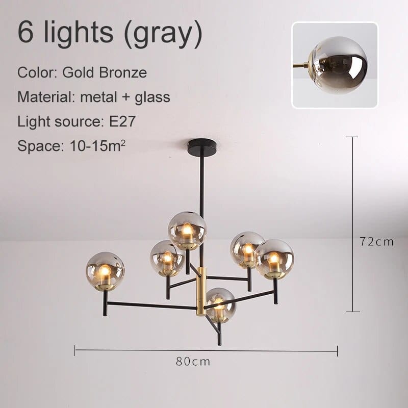 Lustre Noir Moderne avec Éclairage LED | Marco Lucetti 6 têtes verre gris / Blanc chaud