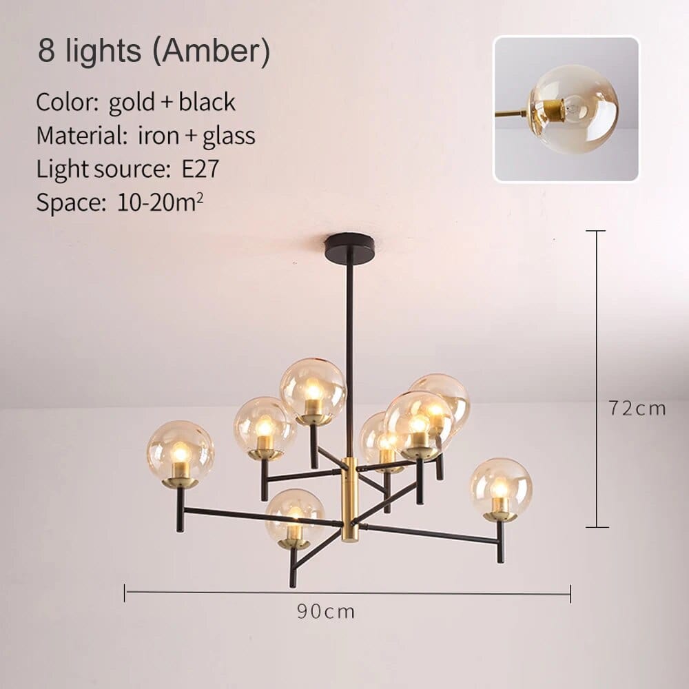 Lustre Noir Moderne avec Éclairage LED | Marco Lucetti 8 têtes en verre ambré / Blanc chaud