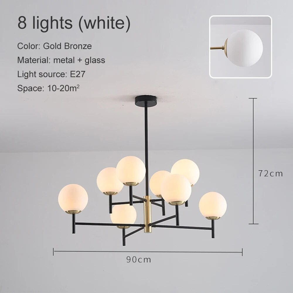 Lustre Noir Moderne avec Éclairage LED | Marco Lucetti 8 têtes en verre blanc / Blanc chaud