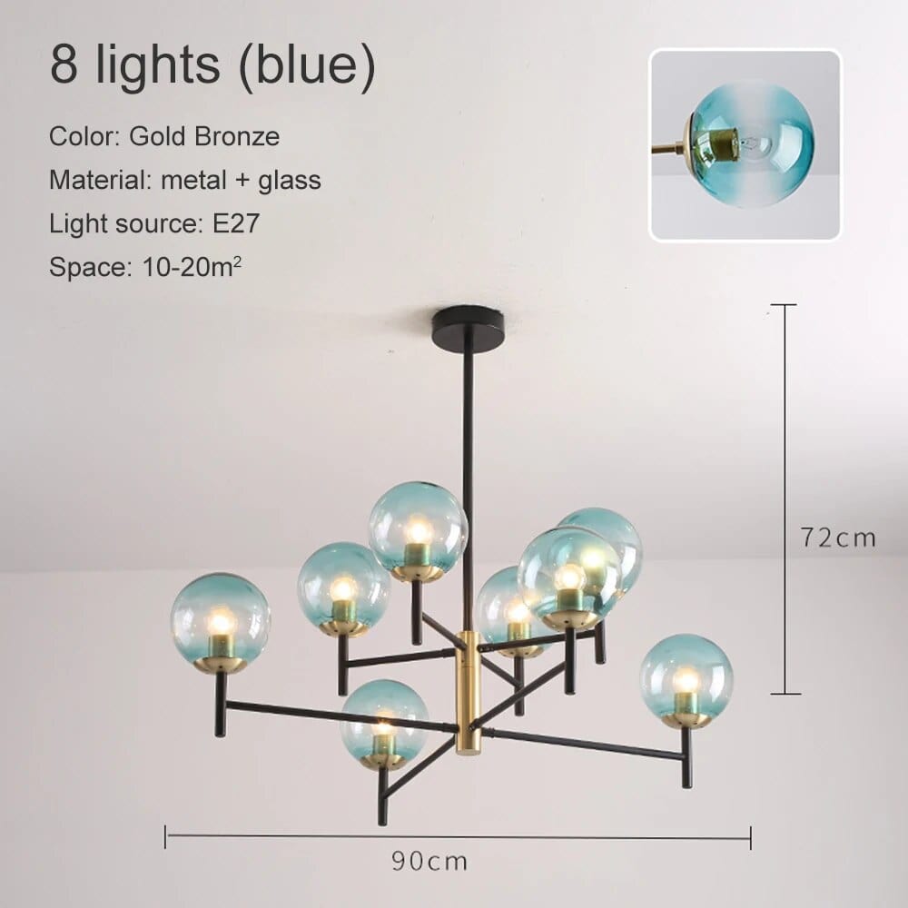 Lustre Noir Moderne avec Éclairage LED | Marco Lucetti 8 têtes en verre bleu / Blanc chaud