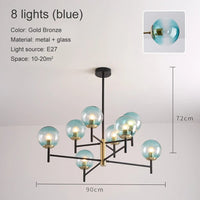 Lustre Noir Moderne avec Éclairage LED | Marco Lucetti 8 têtes en verre bleu / Blanc chaud