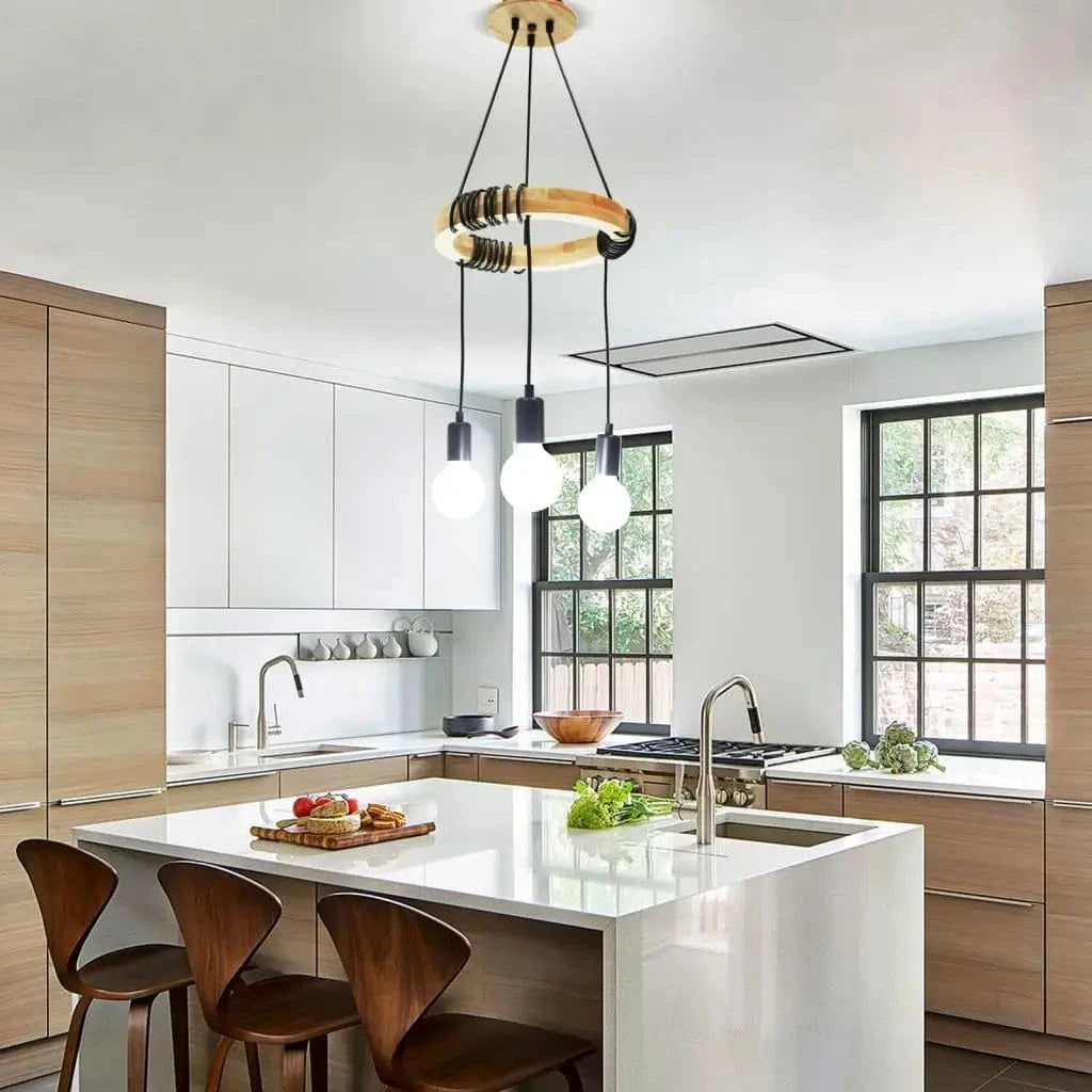 Lustre nordique à suspension industrielle en bois avec 3 têtes  pour chambre salon cuisine | Marco Lucetti