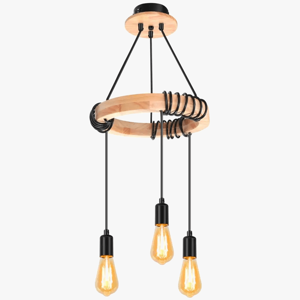 Lustre nordique à suspension industrielle en bois avec 3 têtes  pour chambre salon cuisine | Marco Lucetti