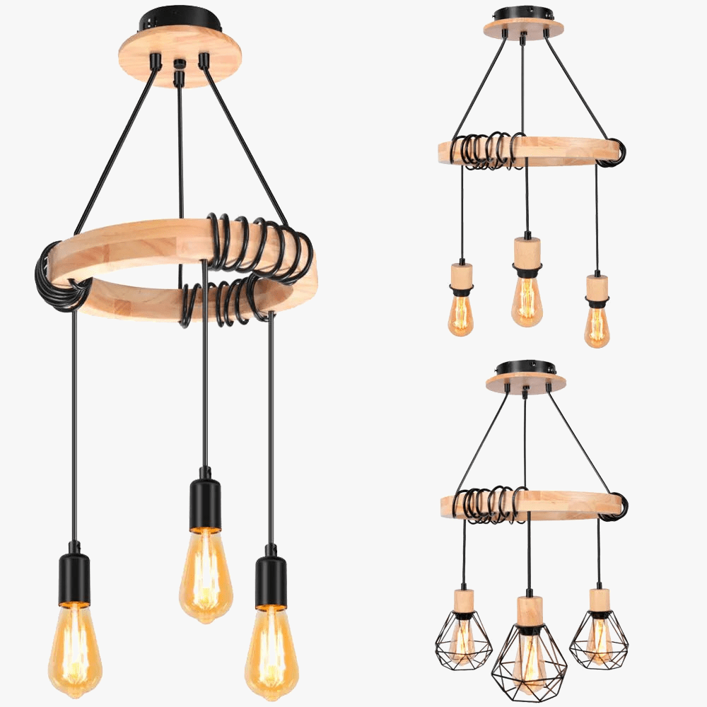 Lustre nordique à suspension industrielle en bois avec 3 têtes  pour chambre salon cuisine | Marco Lucetti