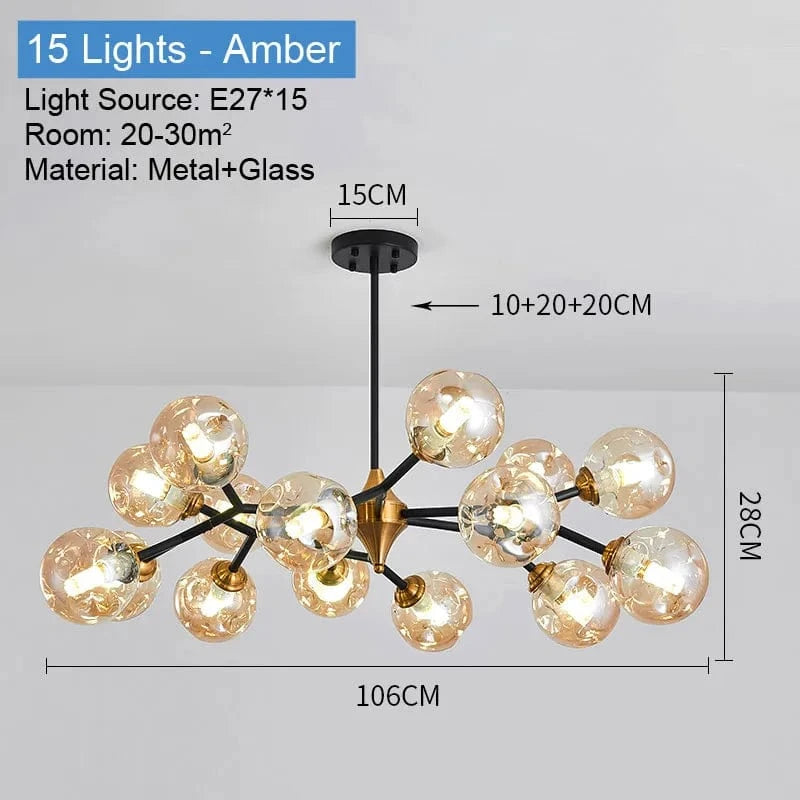 Lustre nordique Boule de verre LED noir pour plafond - Luminaire suspendu pour salon, salle à manger et chambre | Marco Lucetti 15 lumières ambre / Blanc froid