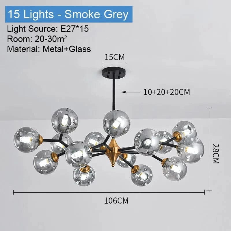 Lustre nordique Boule de verre LED noir pour plafond - Luminaire suspendu pour salon, salle à manger et chambre | Marco Lucetti 15 Lumières Gris Fumée / Blanc chaud