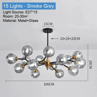 Lustre nordique Boule de verre LED noir pour plafond - Luminaire suspendu pour salon, salle à manger et chambre | Marco Lucetti 15 Lumières Gris Fumée / Blanc chaud