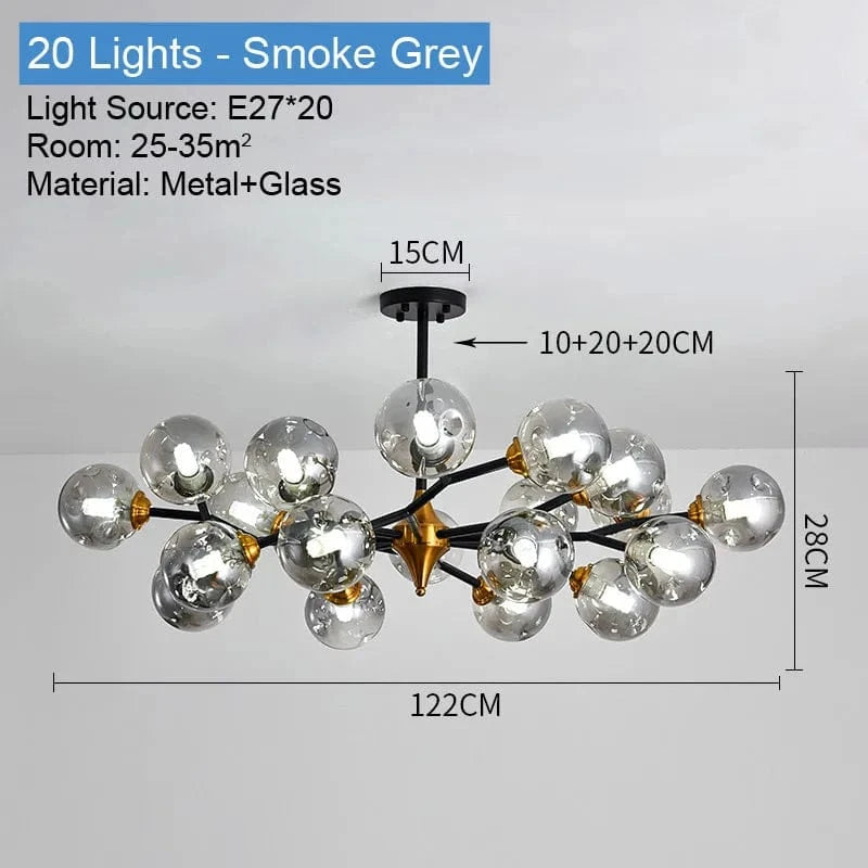 Lustre nordique Boule de verre LED noir pour plafond - Luminaire suspendu pour salon, salle à manger et chambre | Marco Lucetti 20 Lumières Gris Fumée / Blanc froid