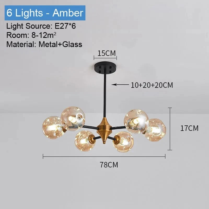 Lustre nordique Boule de verre LED noir pour plafond - Luminaire suspendu pour salon, salle à manger et chambre | Marco Lucetti 6 lumières Ambre / Blanc chaud