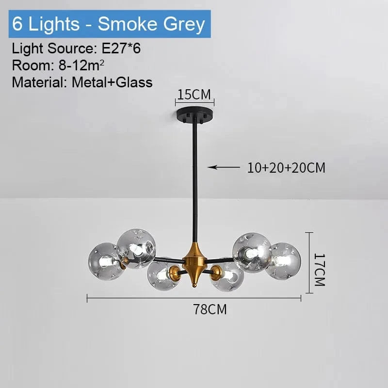Lustre nordique Boule de verre LED noir pour plafond - Luminaire suspendu pour salon, salle à manger et chambre | Marco Lucetti 6 Lumières Gris Fumée / Blanc froid