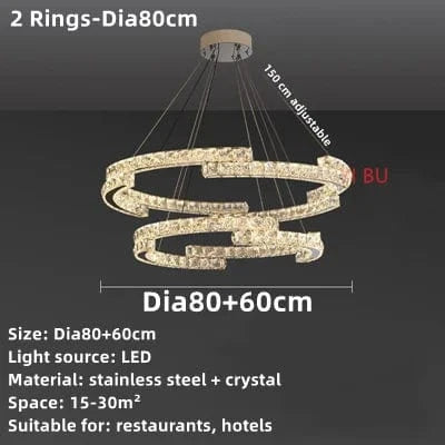 Lustre Nordique en Cristal et Acier Inoxydable avec Miroir LED Intérieur | Marco Lucetti 2 Anneaux - Dia80cm / Chrome / Blanc chaud