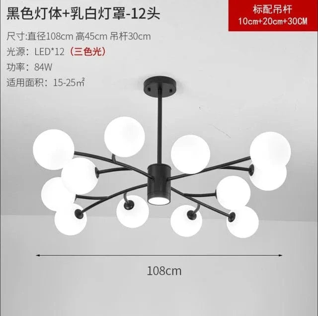 Lustre Nordique en Verre LED pour une Décoration de Cuisine Moderne | Marco Lucetti Noir 12 têtes / Lumière 3 couleurs