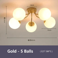 Lustre Nordique LED Blanc Lait pour Salon Chambre Boule de Verre | Marco Lucetti Or - 5 boules / Blanc froid