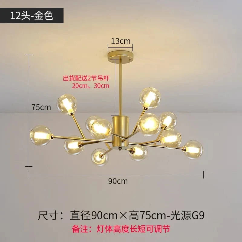 Lustre Nordique LED - Collection Boule de Verre Moléculaire | Marco Lucetti Doré 12 têtes