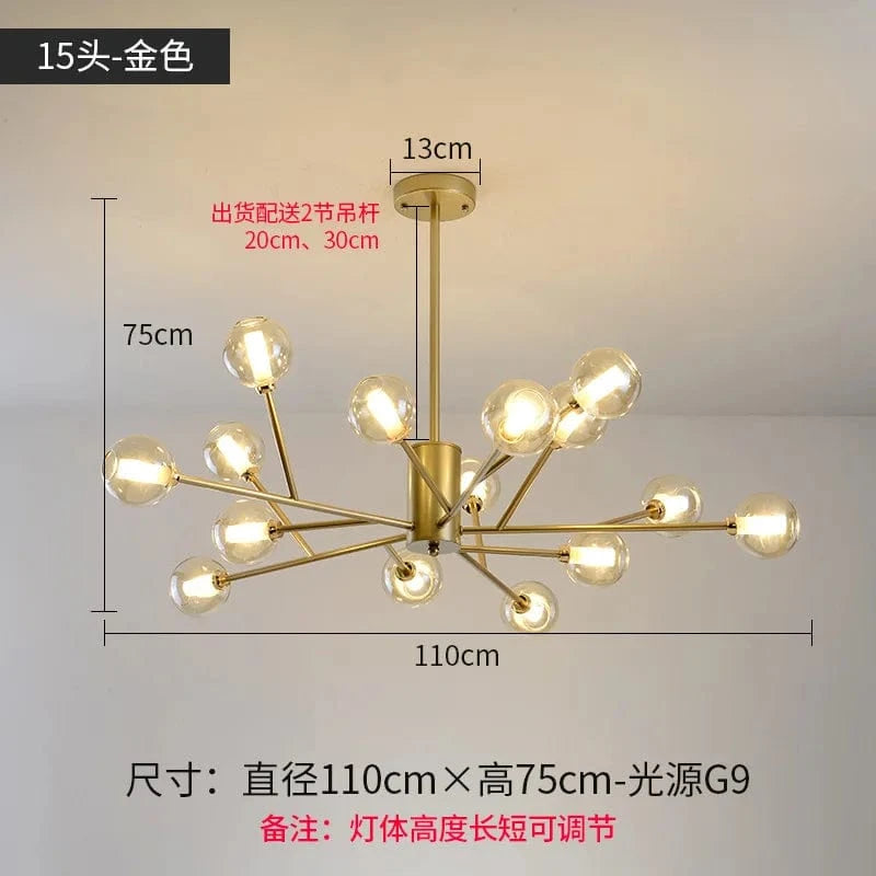 Lustre Nordique LED - Collection Boule de Verre Moléculaire | Marco Lucetti Doré 18 têtes