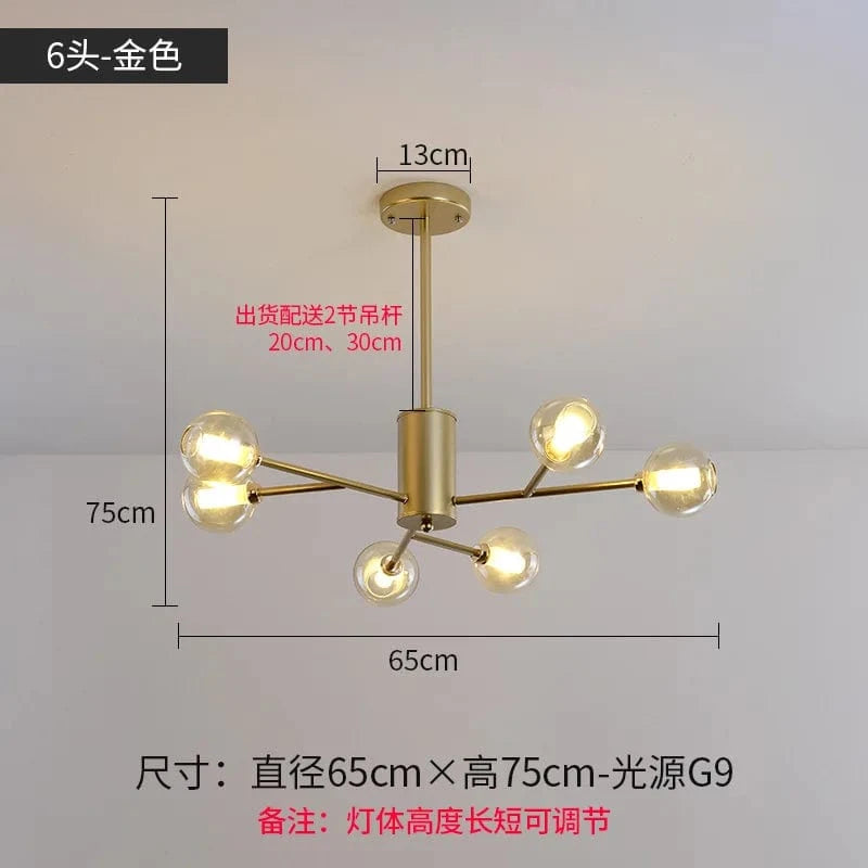 Lustre Nordique LED - Collection Boule de Verre Moléculaire | Marco Lucetti Doré 6 têtes