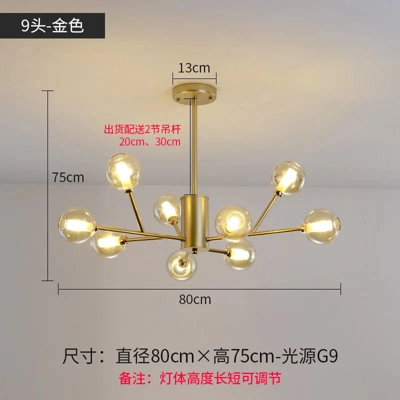 Lustre Nordique LED - Collection Boule de Verre Moléculaire | Marco Lucetti Doré 9 têtes