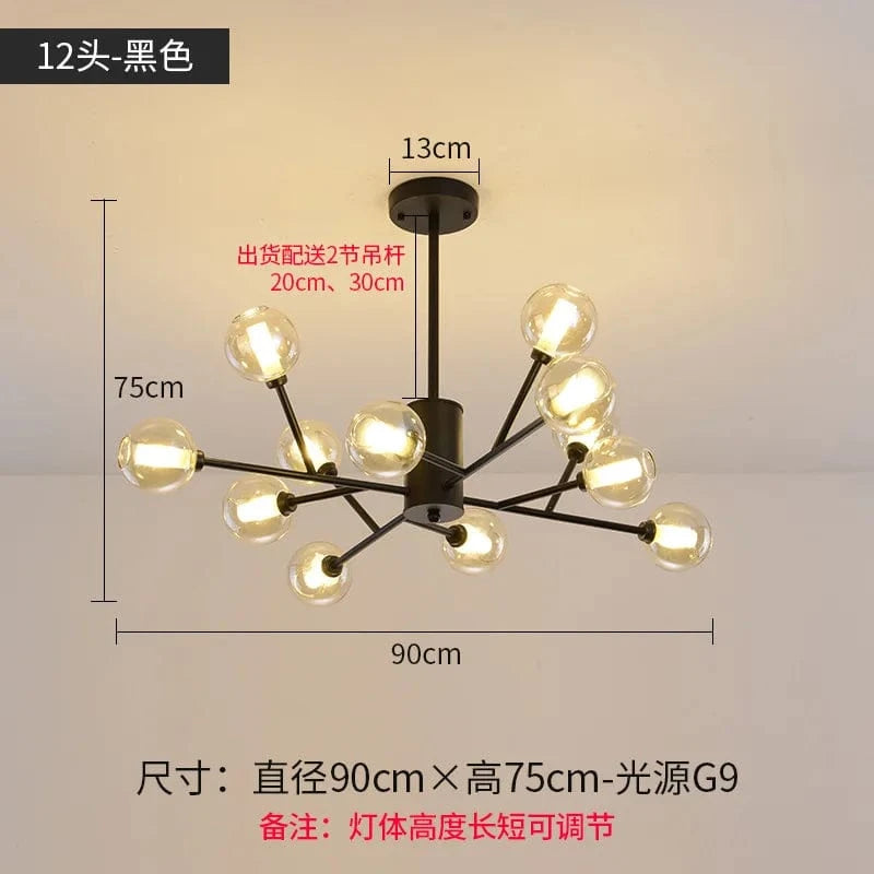 Lustre Nordique LED - Collection Boule de Verre Moléculaire | Marco Lucetti Noir 12 têtes