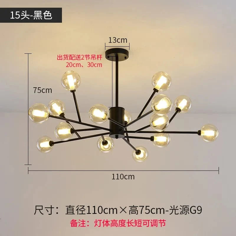 Lustre Nordique LED - Collection Boule de Verre Moléculaire | Marco Lucetti Noir 15 têtes