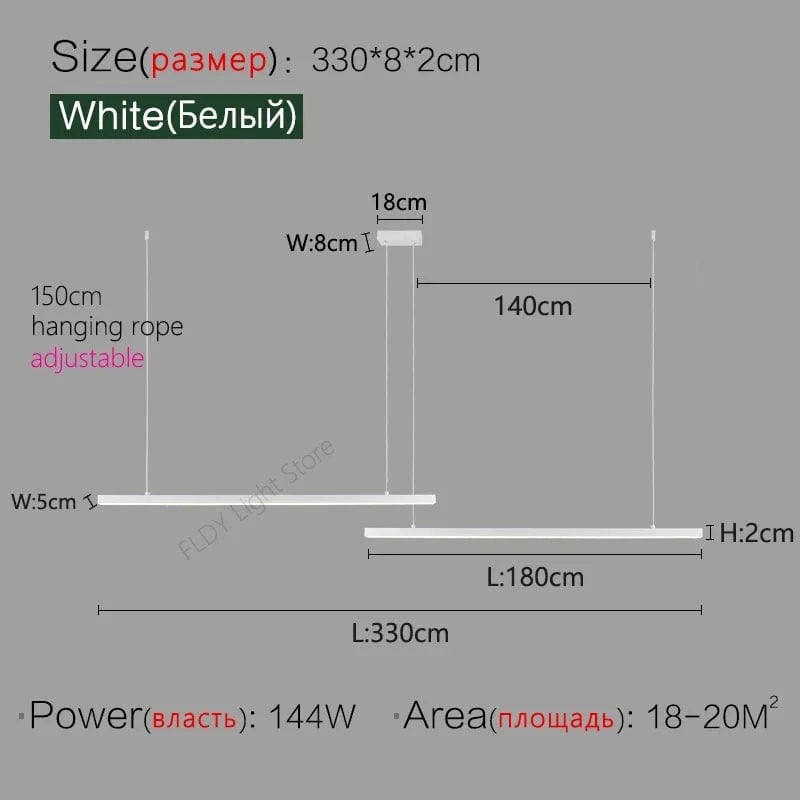 Lustre Nordique Moderne Minimaliste pour Bureau et Salle à Manger - Design Long Bar avec Éclairage LED | Marco Lucetti Blanc 2 Têtes L330cm / Blanc chaud (3000K)
