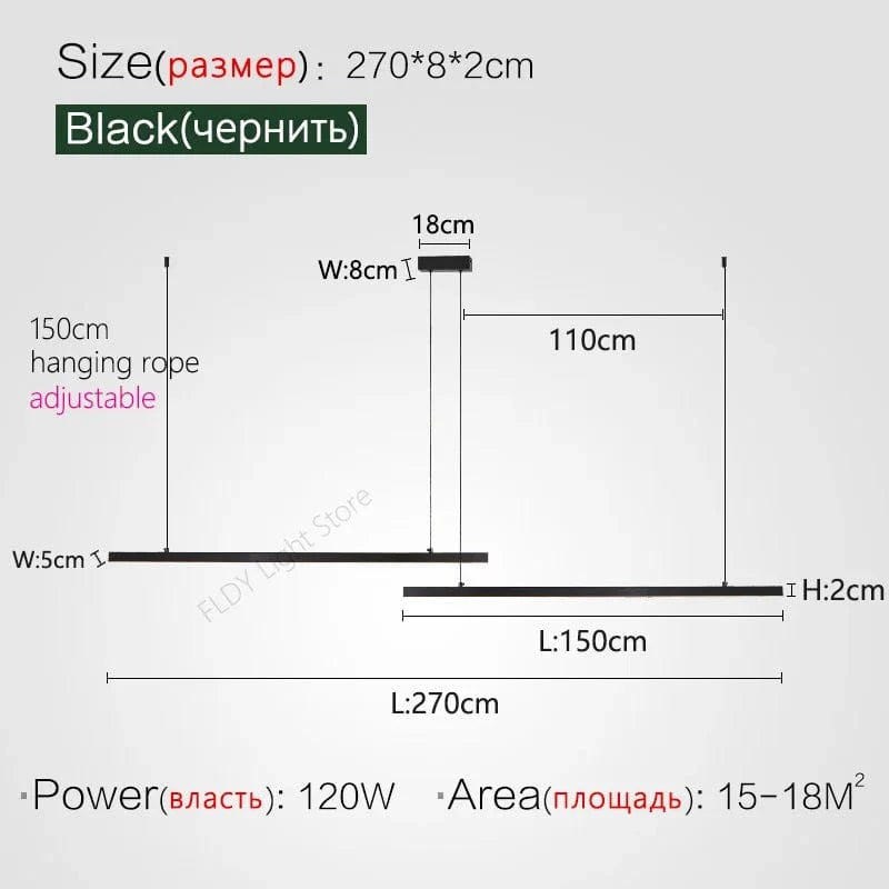 Lustre Nordique Moderne Minimaliste pour Bureau et Salle à Manger - Design Long Bar avec Éclairage LED | Marco Lucetti Noir 2 Têtes L270cm / Blanc froid (6 000 K)