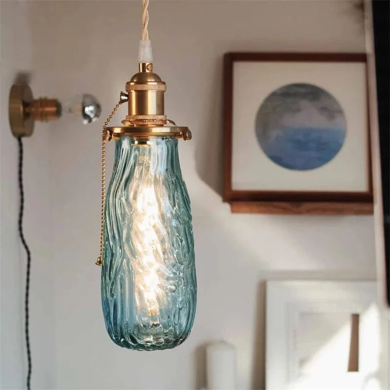 Lustre nordique rétro en laiton avec interrupteur tirage. | Marco Lucetti Bleu / 4W (Max100W) / Blanc chaud