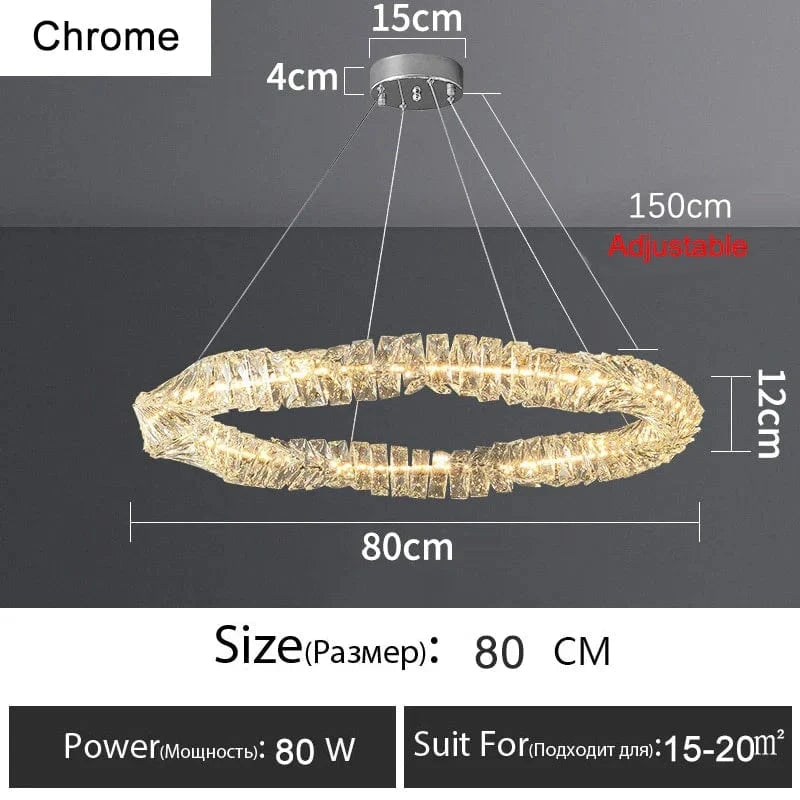 Lustre Or Dimmable avec anneau de lumière LED en cristal pour maison moderne de luxe | Marco Lucetti Chromé 80CM / Lumière 3 couleurs