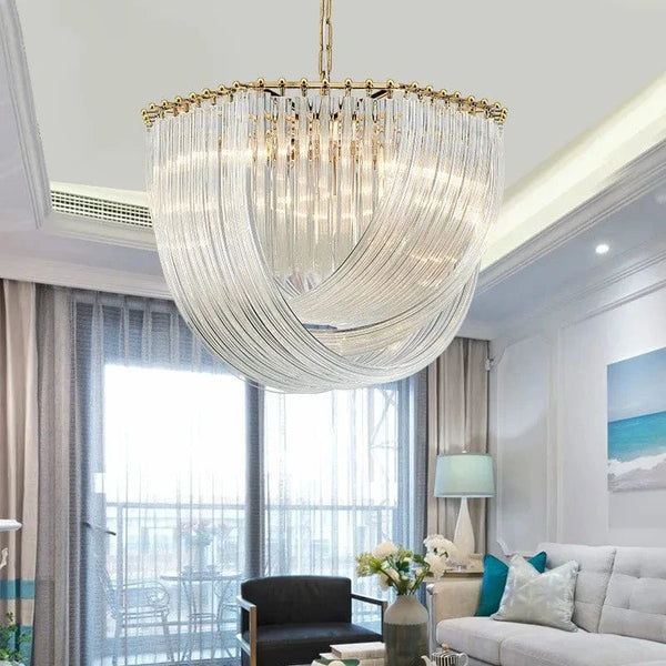 Lustre Post-moderne en plaqué or/chrome métal avec Led E14, suspension en verre rond et chaîne de luminaires | Marco Lucetti